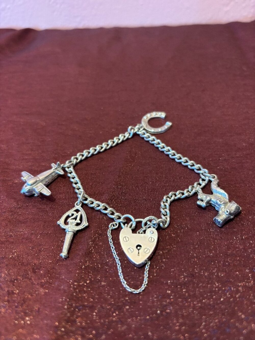 Vintage 1970s Heart Padlock Silver Charm Bracelet with Articulating Airplane